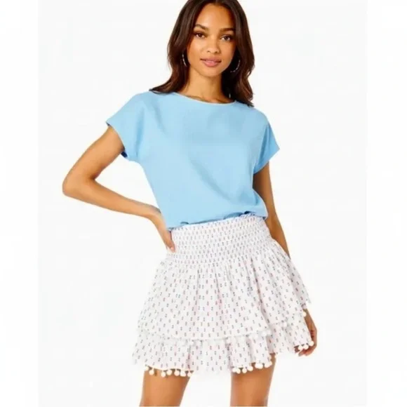 Lilly Pulitzer Ethenia White Blue Orange Patterned Skirt with Pom Poms - Picture 2 of 9